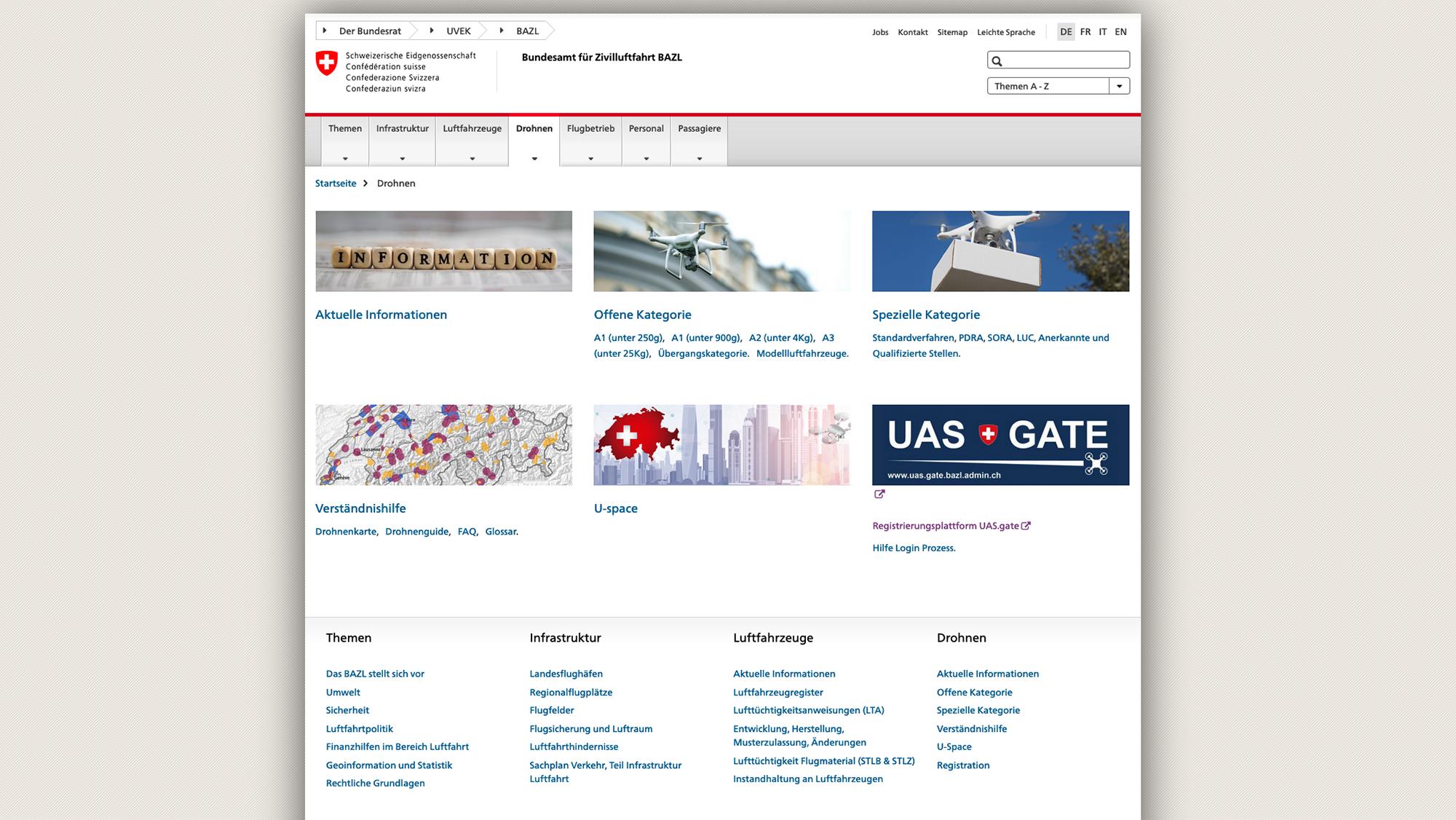 Über die Website des BAZL gelangt man auf die UAS-GATE Registrierungsplattform.